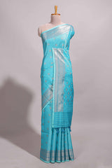 Blue jacquard floral zari motifs design semi tussar saree with self border and matching blouse