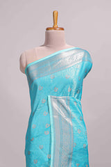 Blue jacquard floral zari motifs design semi tussar saree with self border and matching blouse
