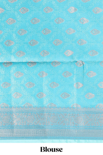 Blue jacquard floral zari motifs design semi tussar saree with self border and matching blouse