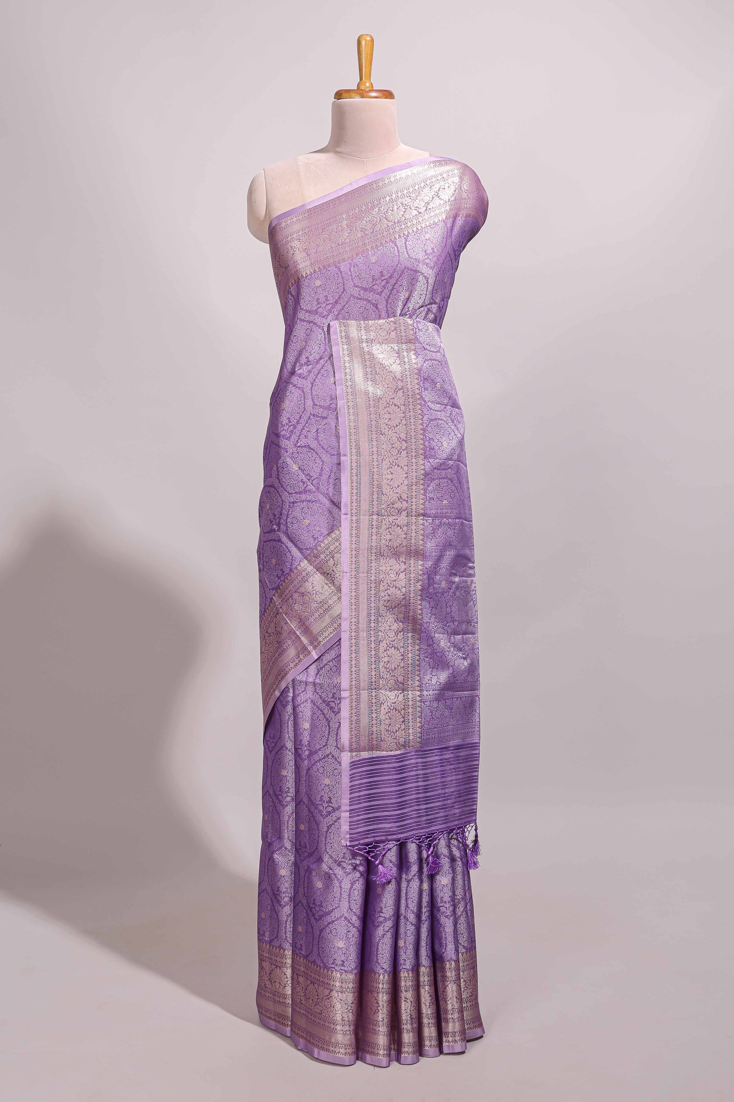 Lavender jacquard floral zari motifs design semi tussar saree with self border and matching blouse