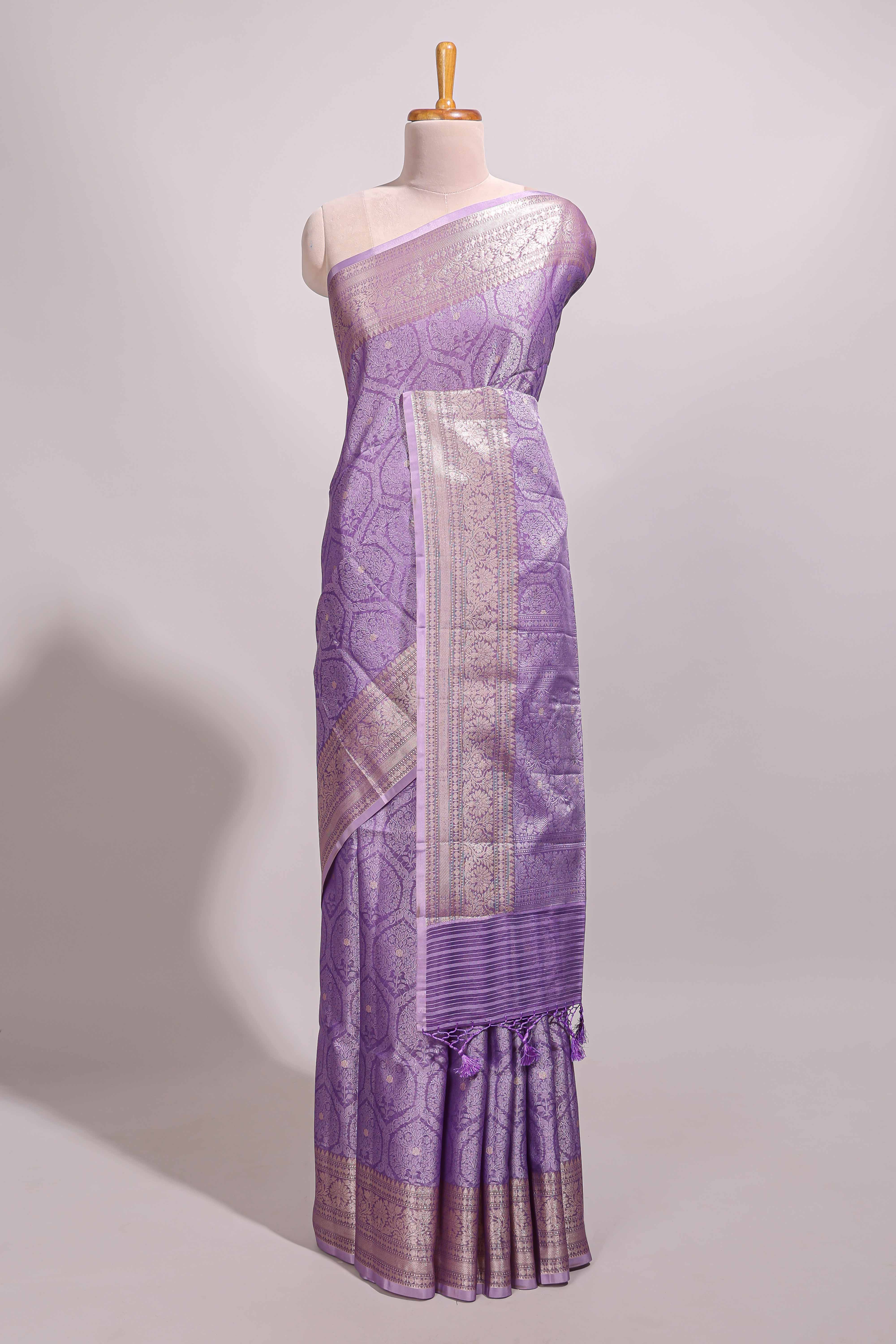 Lavender jacquard floral zari motifs design semi tussar saree with self border and matching blouse