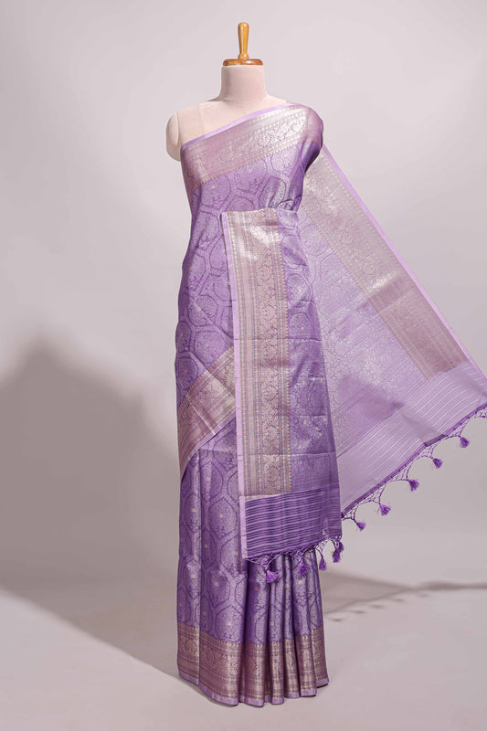Lavender jacquard floral zari motifs design semi tussar saree with self border and matching blouse