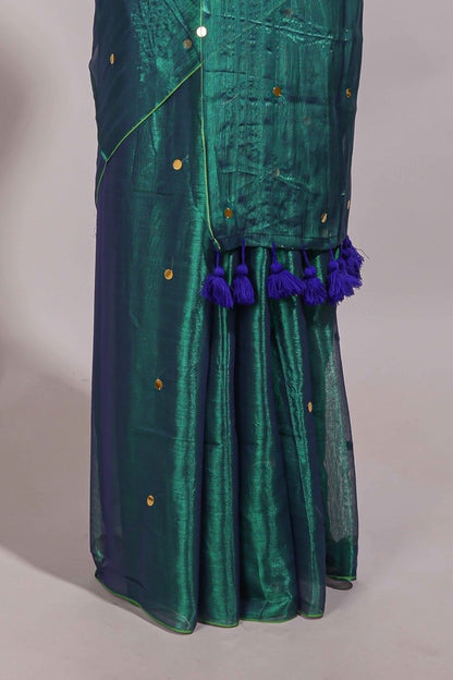 Borderless green sequins embroidery design semi tussar saree with matching blouse and contrast tassels