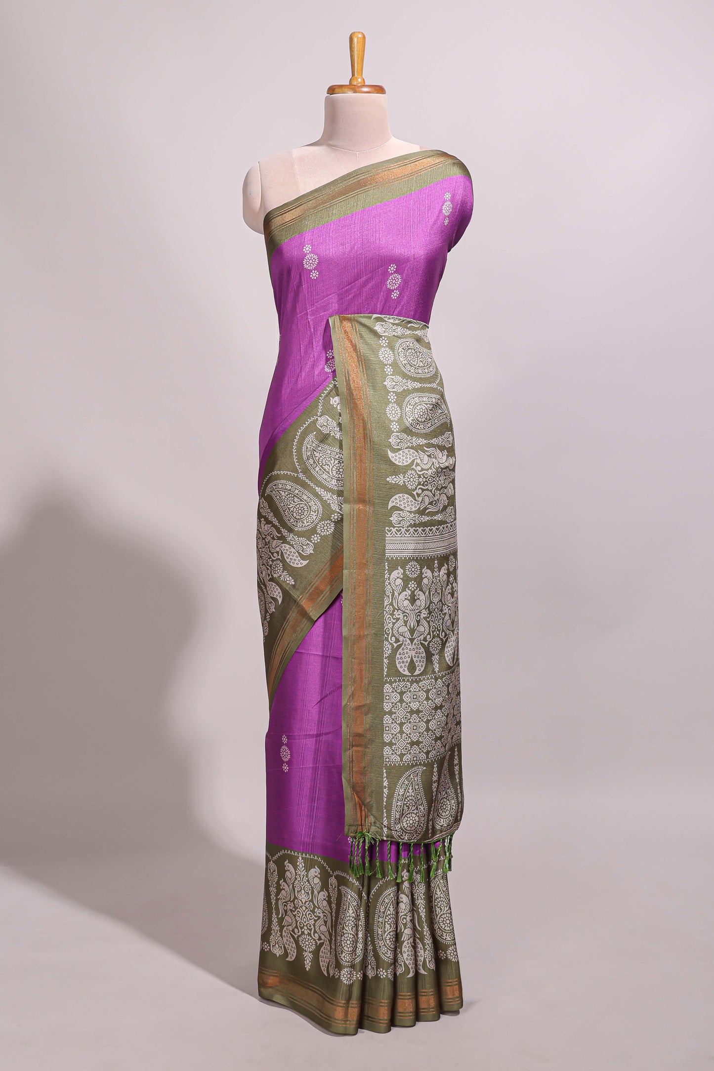 Violet floral motifs semi tussar saree with contrast border and printed blouse