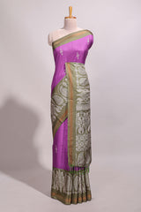 Violet floral motifs semi tussar saree with contrast border and printed blouse