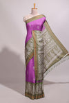 Violet floral motifs semi tussar saree with contrast border and printed blouse