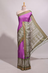 Violet floral motifs semi tussar saree with contrast border and printed blouse