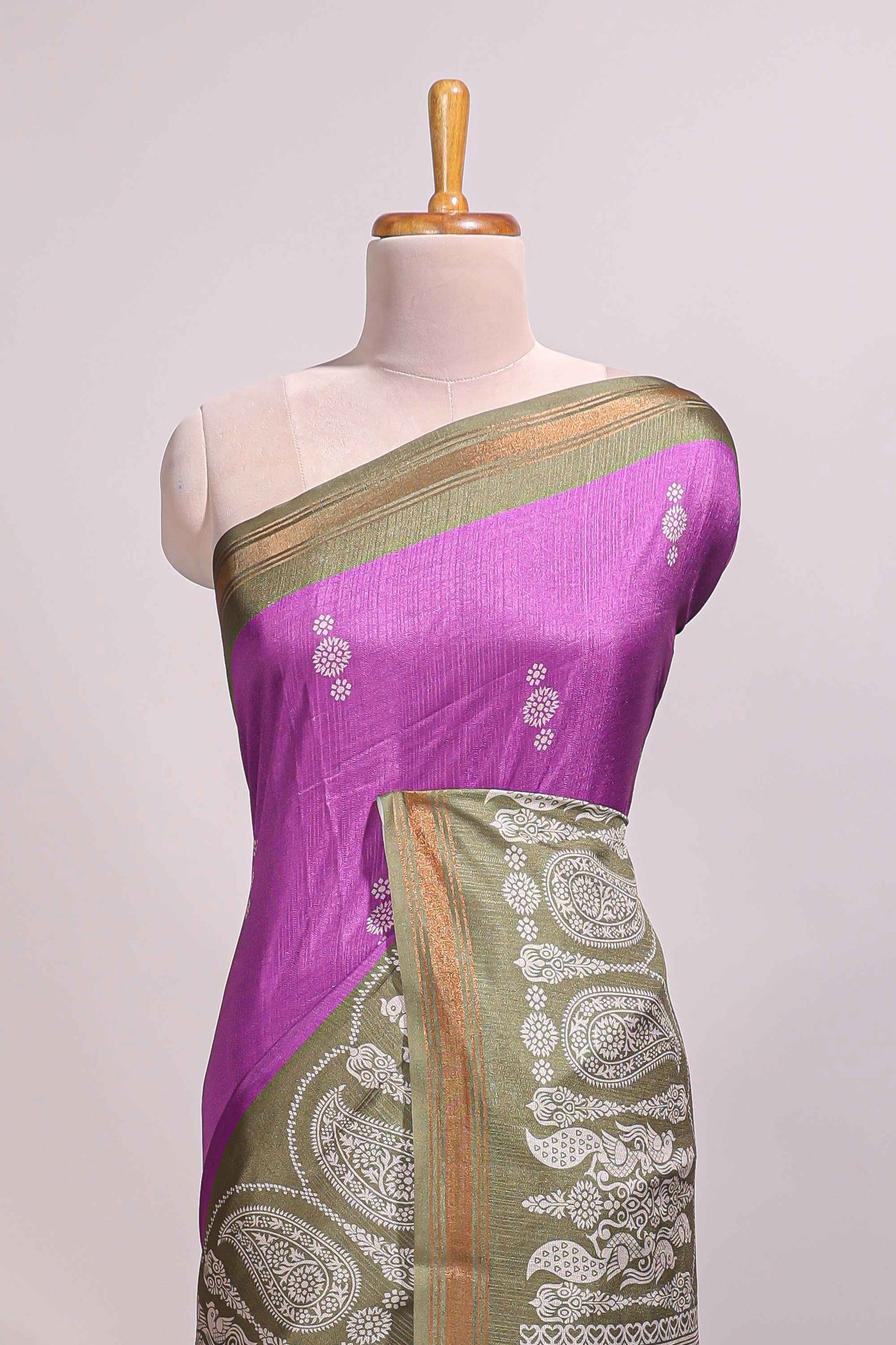 Violet floral motifs semi tussar saree with contrast border and printed blouse