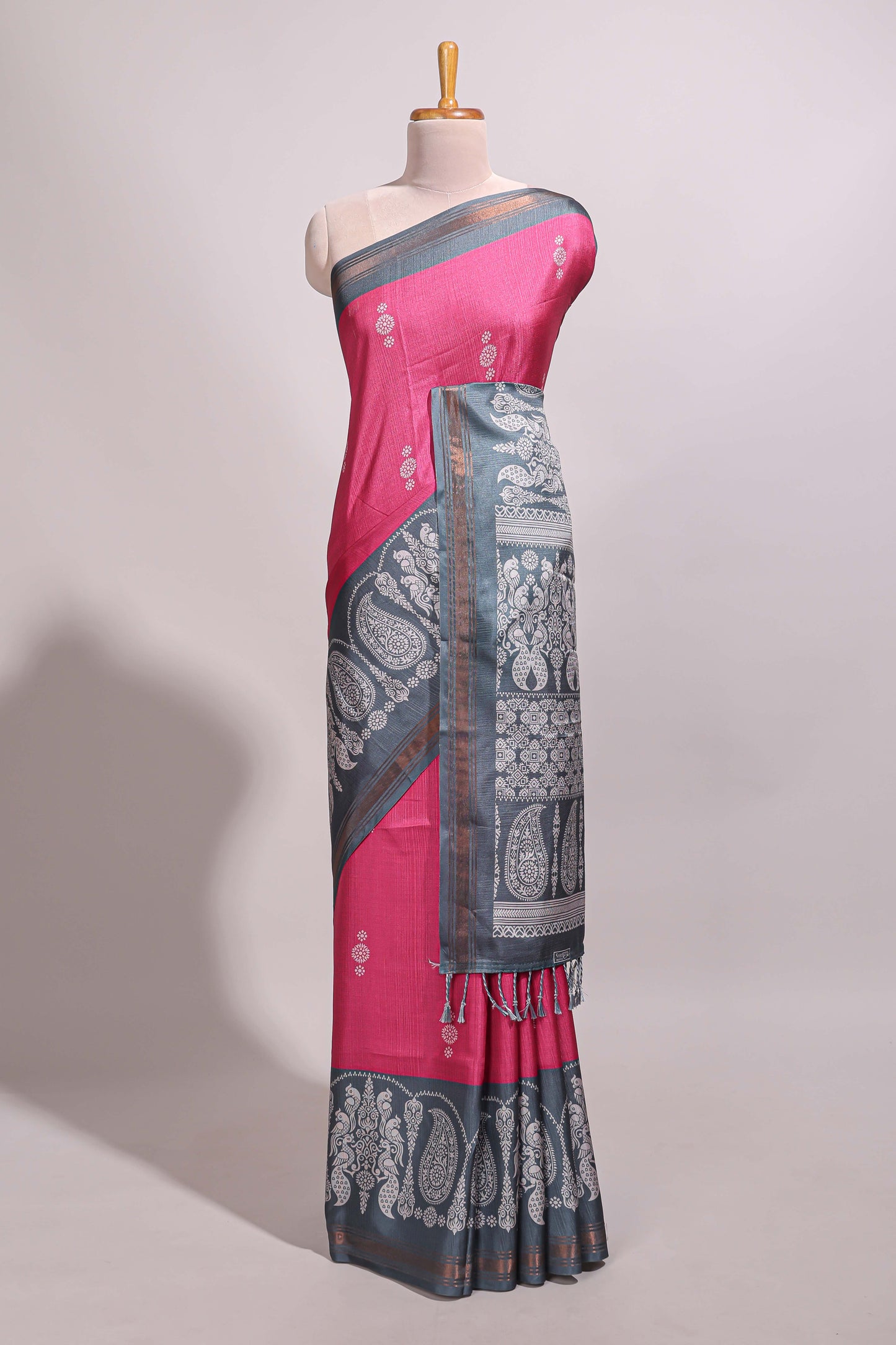 Pink floral motifs semi tussar saree with contrast border and printed blouse