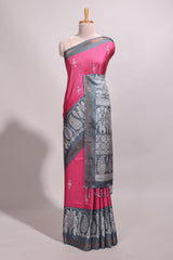 Pink floral motifs semi tussar saree with contrast border and printed blouse