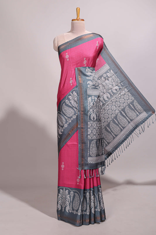 Pink floral motifs semi tussar saree with contrast border and printed blouse