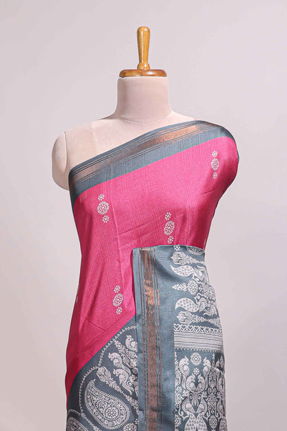 Pink floral motifs semi tussar saree with contrast border and printed blouse