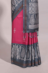 Pink floral motifs semi tussar saree with contrast border and printed blouse