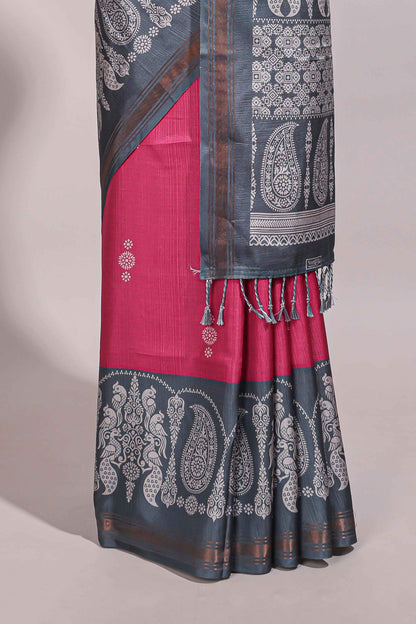 Pink floral motifs semi tussar saree with contrast border and printed blouse