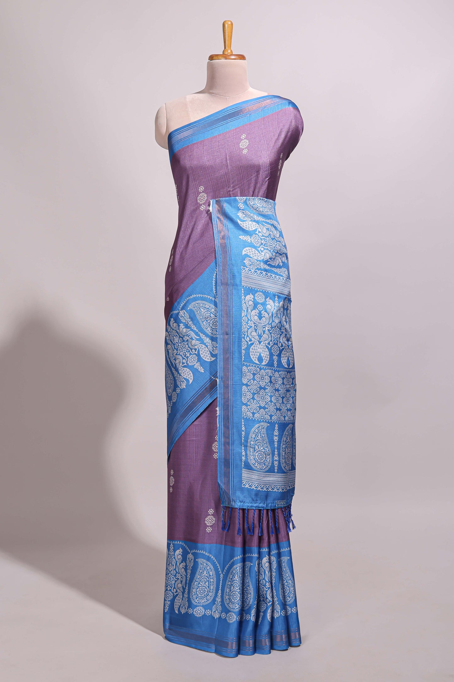 Mauve purple floral motifs semi tussar saree with contrast border and printed blouse