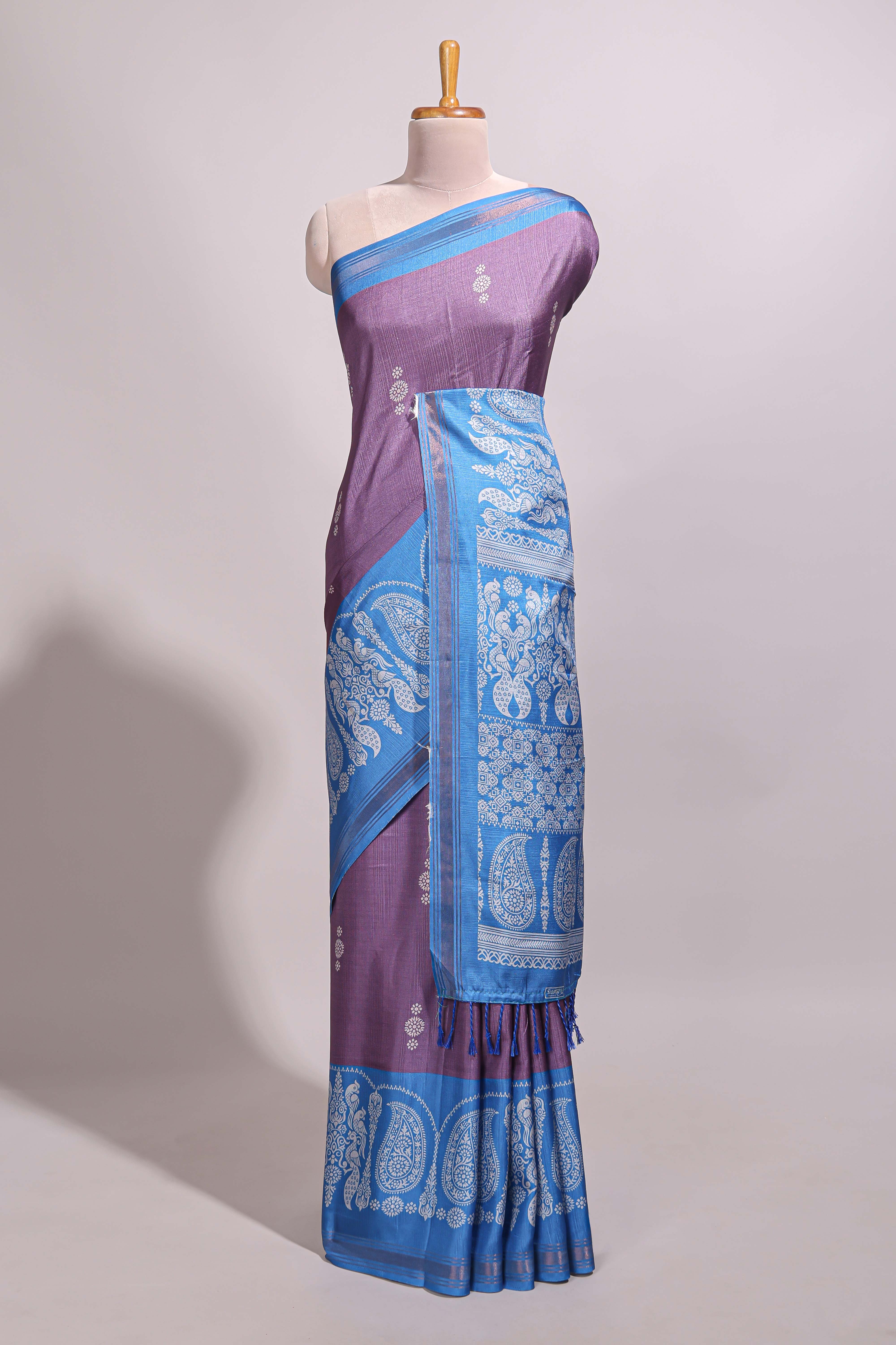Mauve purple floral motifs semi tussar saree with contrast border and printed blouse