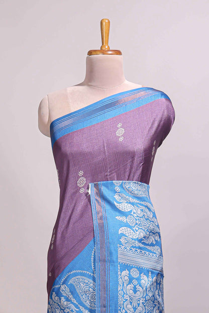 Mauve purple floral motifs semi tussar saree with contrast border and printed blouse