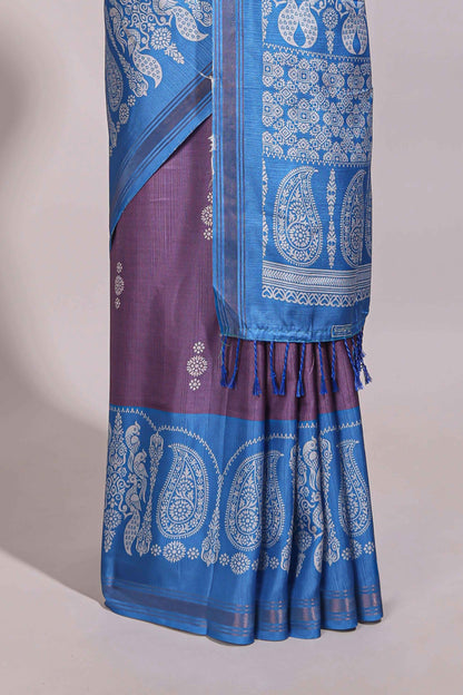 Mauve purple floral motifs semi tussar saree with contrast border and printed blouse