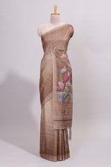 Brown floral design semi tussar saree with self border and matching printed blouse