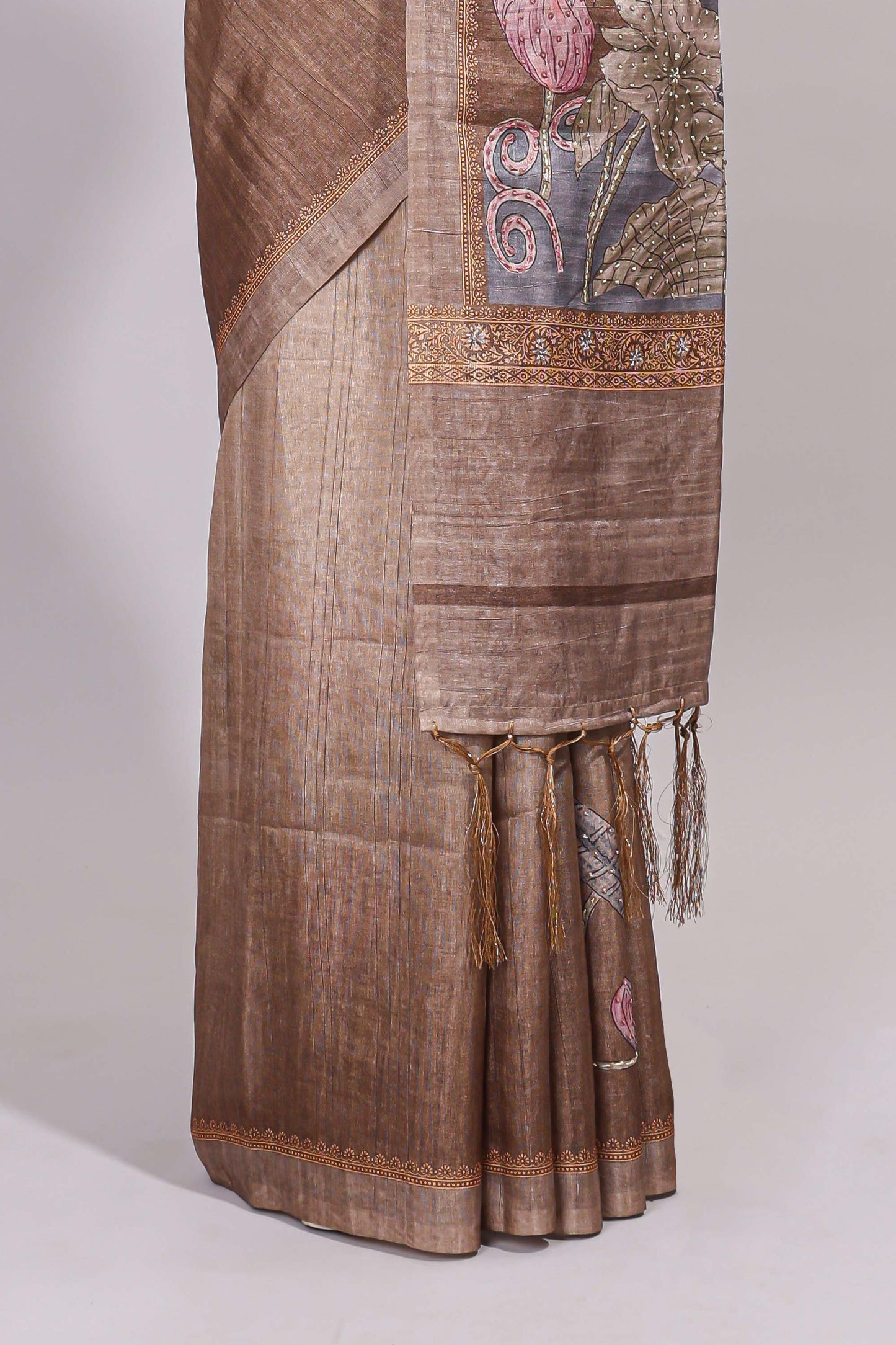 Brown floral design semi tussar saree with self border and matching printed blouse