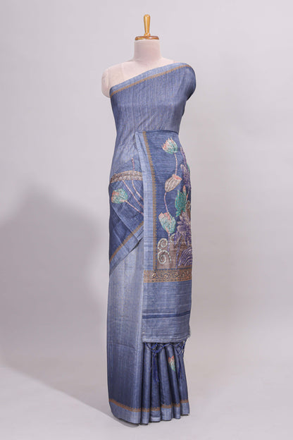 Blue floral design semi tussar saree with self border and matching printed blouse