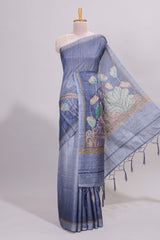 Blue floral design semi tussar saree with self border and matching printed blouse