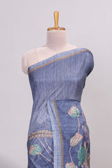 Blue floral design semi tussar saree with self border and matching printed blouse