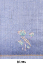 Blue floral design semi tussar saree with self border and matching printed blouse