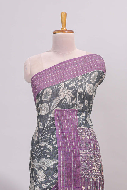Grey floral design semi tussar saree with contrast lavender border and printed pallu