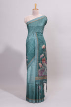 Green floral design semi tussar saree with self border and matching printed blouse