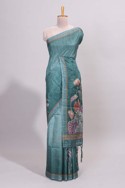 Green floral design semi tussar saree with self border and matching printed blouse