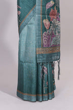 Green floral design semi tussar saree with self border and matching printed blouse