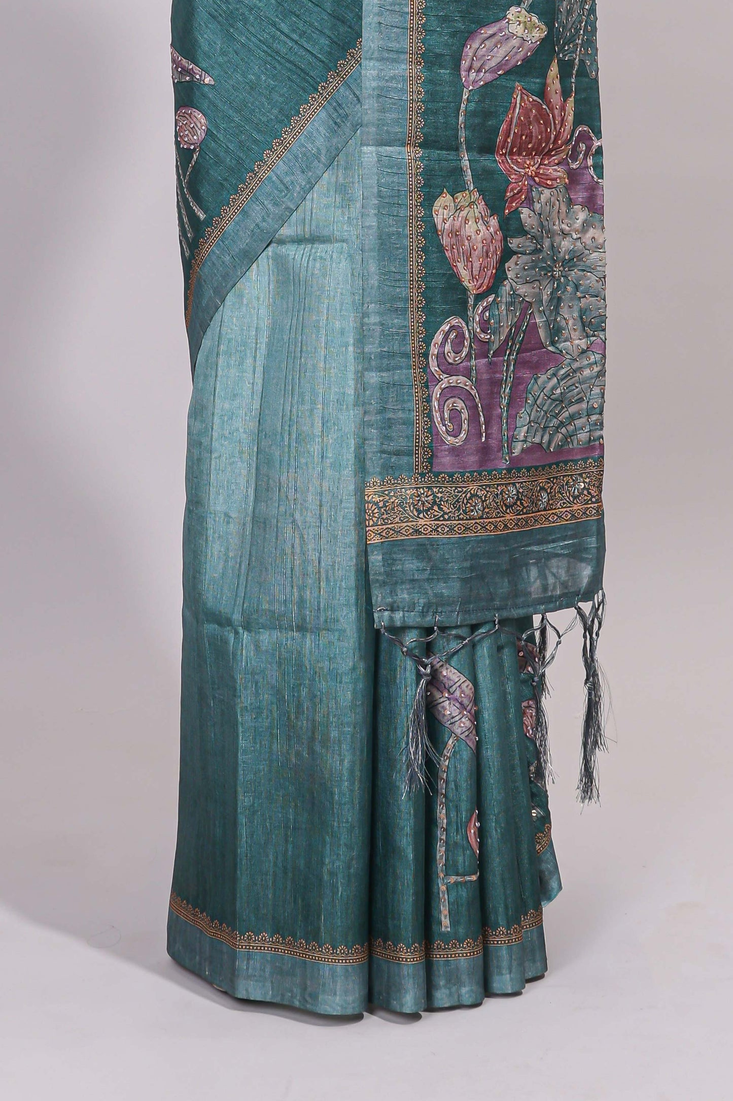 Green floral design semi tussar saree with self border and matching printed blouse