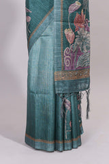 Green floral design semi tussar saree with self border and matching printed blouse