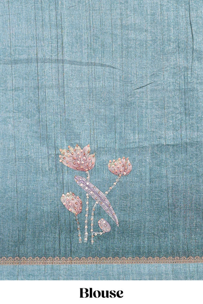Green floral design semi tussar saree with self border and matching printed blouse