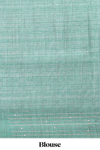 Grey floral design semi tussar saree with contrast green border and printed pallu