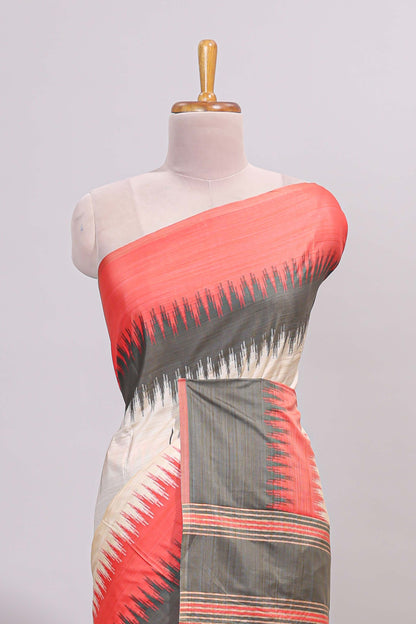 Off white ikkat design semi tussar saree with contrast dual shade border and matching striped blouse