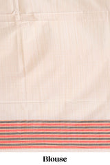 Off white ikkat design semi tussar saree with contrast dual shade border and matching striped blouse