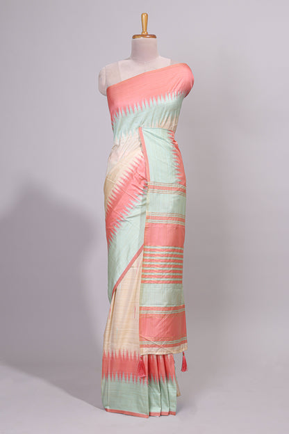 Off white ikkat design semi tussar saree with contrast dual shade border and matching striped blouse