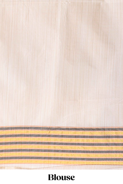 Off white ikkat design semi tussar saree with contrast dual shade border and matching striped blouse