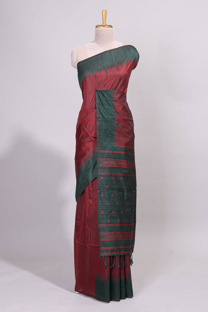 Maroon ikkat motifs design semi tussar saree with contrast border and striped blouse