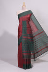 Maroon ikkat motifs design semi tussar saree with contrast border and striped blouse