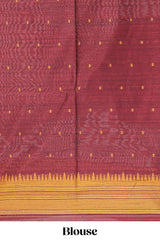 Mustard ikkat motifs design semi tussar saree with contrast border and striped blouse