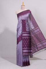 Lavender ikkat motifs design semi tussar saree with contrast border and striped blouse