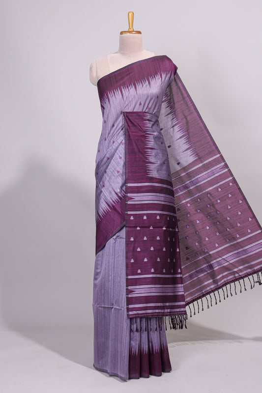 Lavender ikkat motifs design semi tussar saree with contrast border and striped blouse