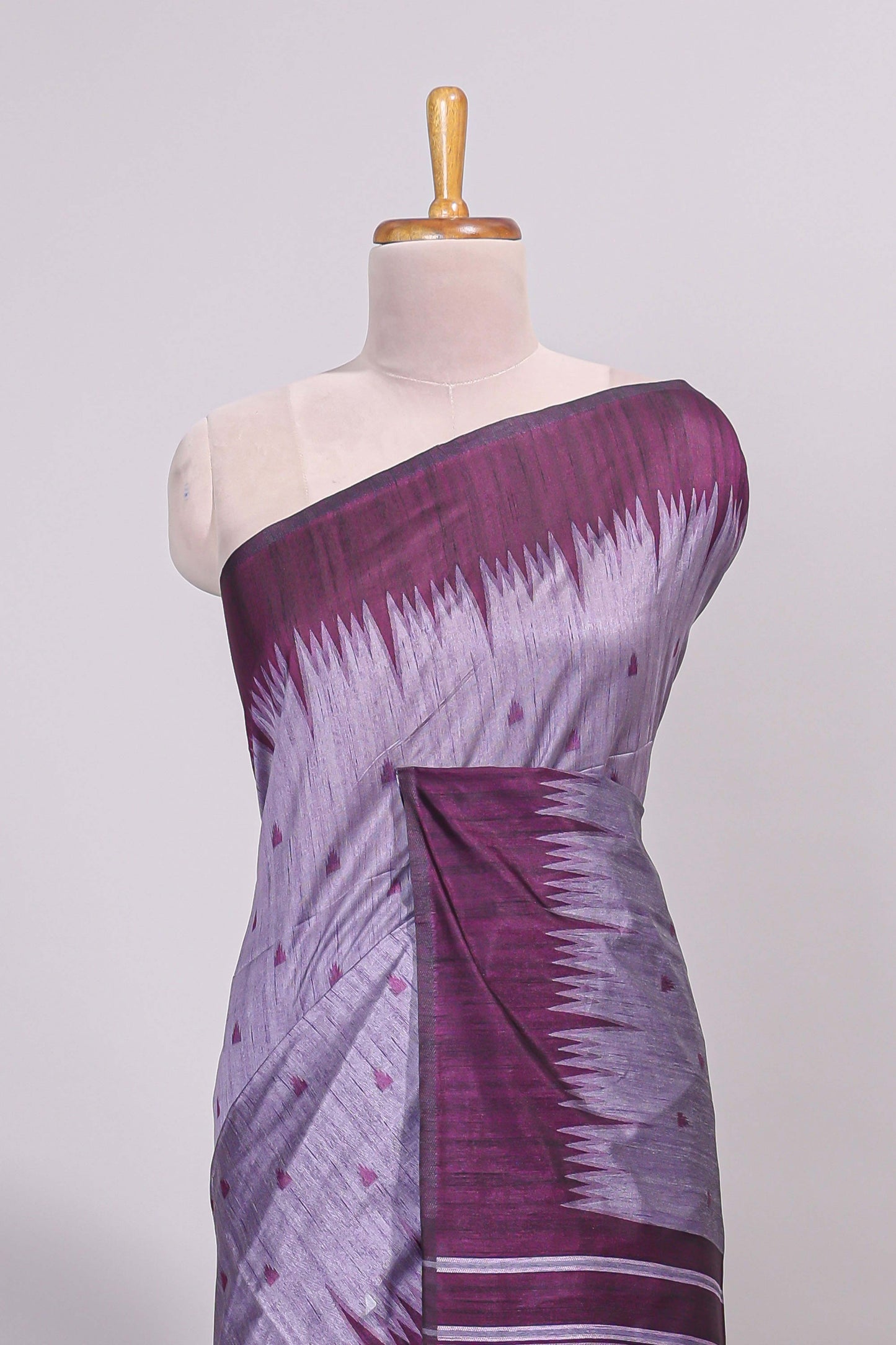 Lavender ikkat motifs design semi tussar saree with contrast border and striped blouse