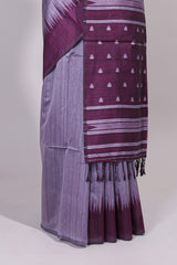Lavender ikkat motifs design semi tussar saree with contrast border and striped blouse