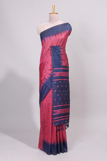 Pink ikkat motifs design semi tussar saree with contrast border and striped blouse