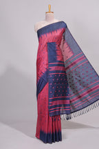 Pink ikkat motifs design semi tussar saree with contrast border and striped blouse