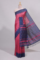Pink ikkat motifs design semi tussar saree with contrast border and striped blouse